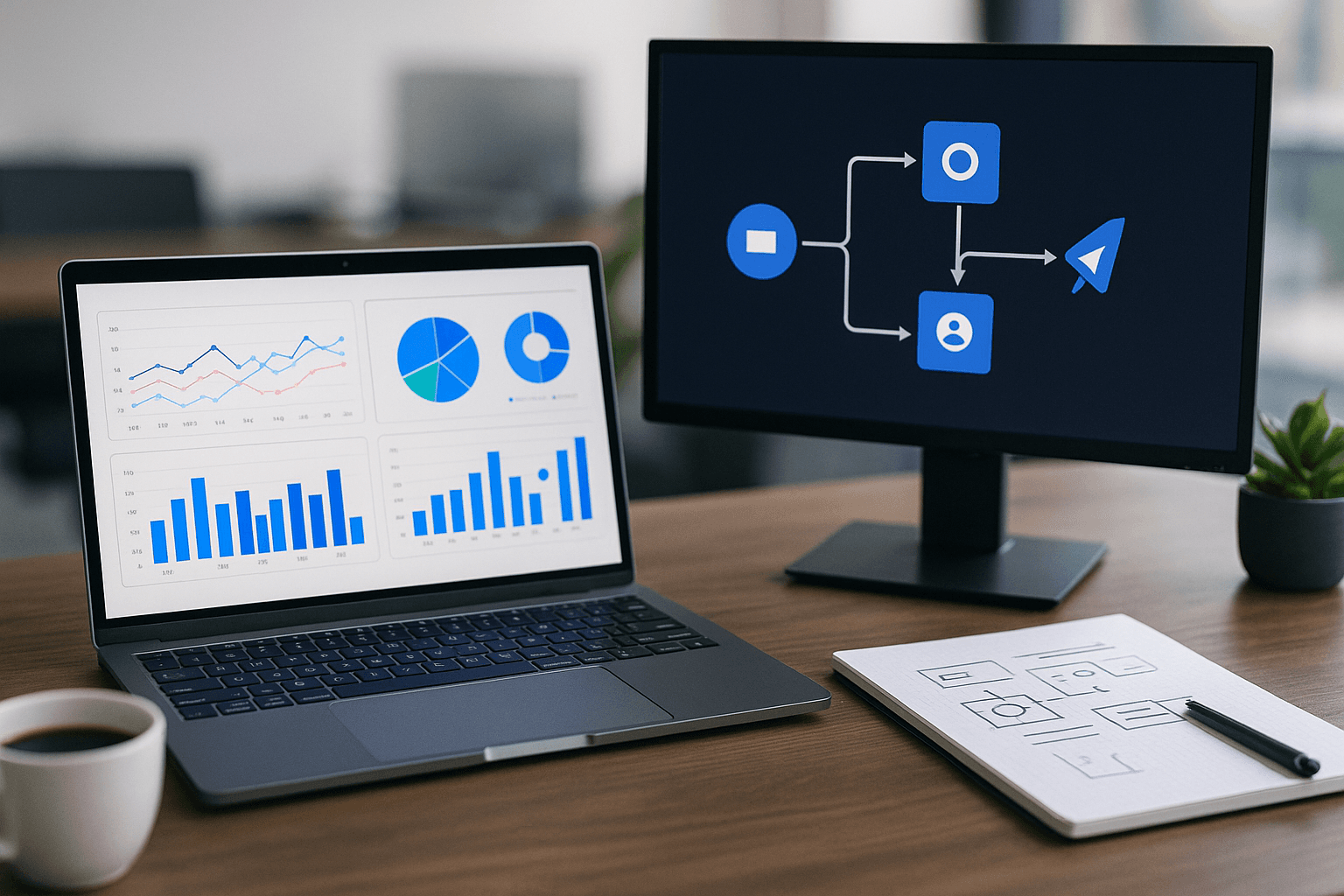 Professional workspace showing automation tools and analytics